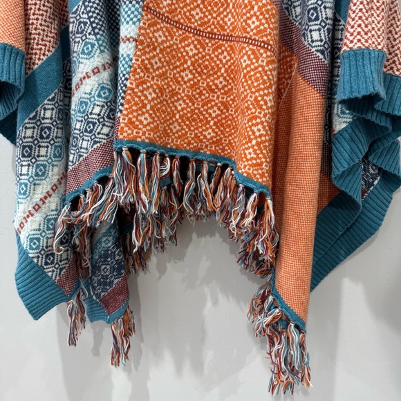Sundance Catalog Alisandra Poncho Intarsia Patchwork Bandana Sweater Boho Orange - Picture 4 of 6